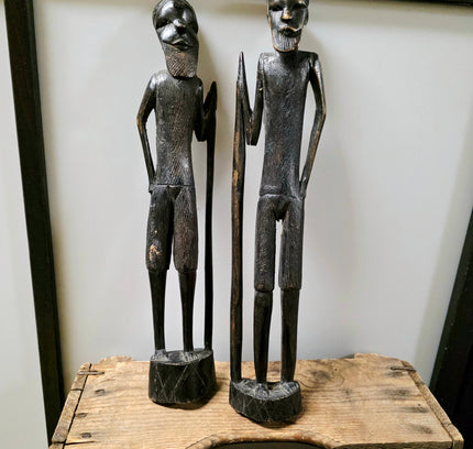 Vintage Hand-Carved African Wooden Statues - Pair of Tribal Warrior Sculptures, Mid-Century East African Folk Art Figures (Set of 2) - Yatva