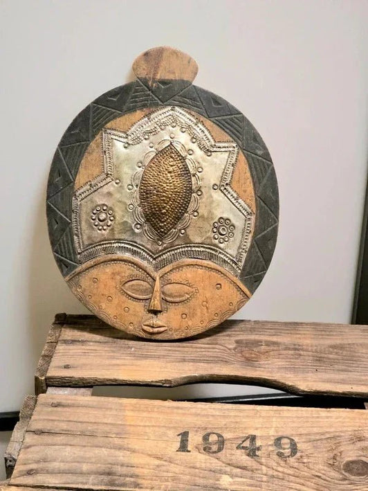 Vintage Hand - Carved West African "Moon Mask" – Wood & Brass - Yatva