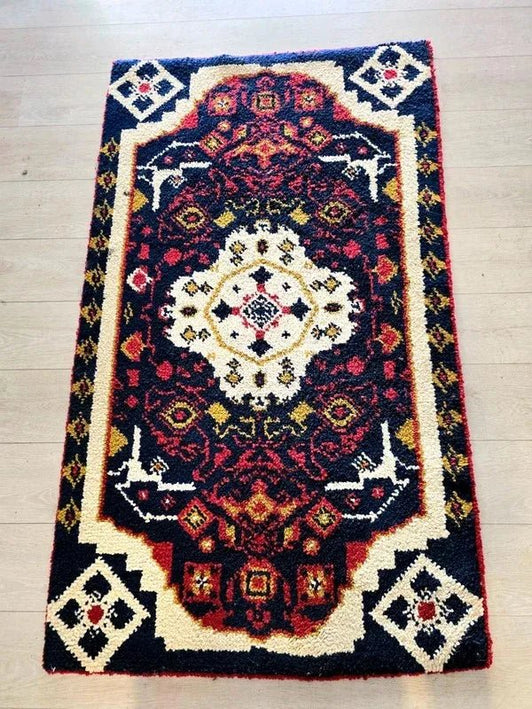 Vintage Hand - Knotted Tribal Rug - Geometric Medallion - Navy & Crimson - Yatva