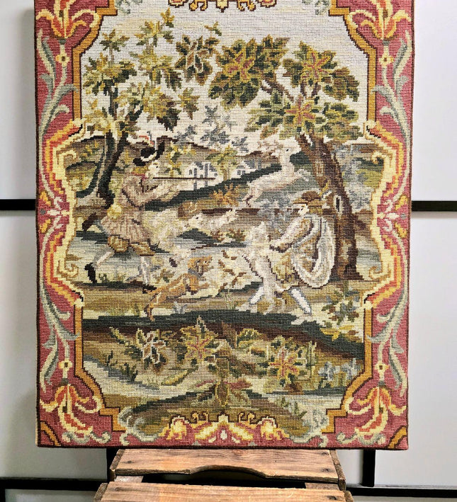 Vintage Handmade Large Tapestry Needlepoint Hunting Scene Picture - Yatva