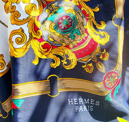 Vintage Hermès Paris Baroque Silk Scarf – Navy Blue & Gold Royal Crest Motif - Yatva