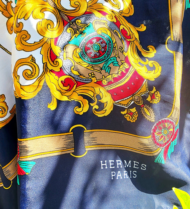 Vintage Hermès Paris Baroque Silk Scarf – Navy Blue & Gold Royal Crest Motif - Yatva