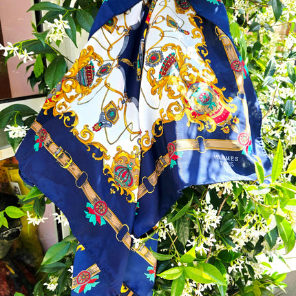Vintage Hermès Paris Baroque Silk Scarf – Navy Blue & Gold Royal Crest Motif - Yatva