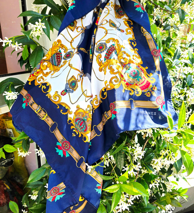 Vintage Hermès Paris Baroque Silk Scarf – Navy Blue & Gold Royal Crest Motif - Yatva