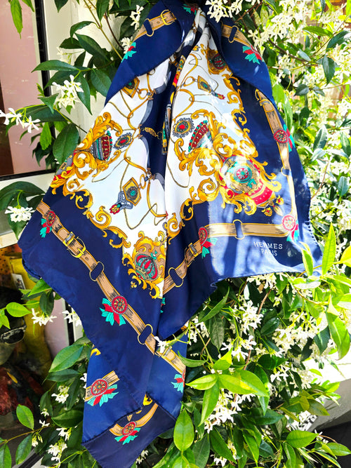Vintage Hermès Paris Baroque Silk Scarf – Navy Blue & Gold Royal Crest Motif