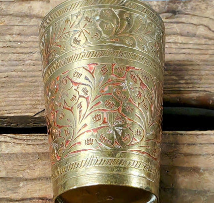 Vintage Indian Etched Brass Lassi Cup – Boho Brass Tumbler / Vase, Pat. 2459 - Yatva