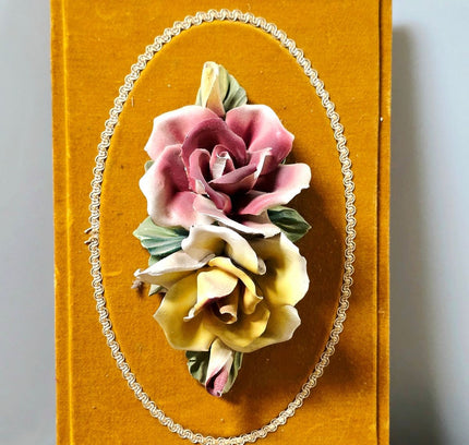Vintage Italian Capodimonte Porcelain Flower Wall Hanging Plaque on Yellow Velvet - Yatva