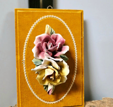 Vintage Italian Capodimonte Porcelain Flower Wall Hanging Plaque on Yellow Velvet - Yatva