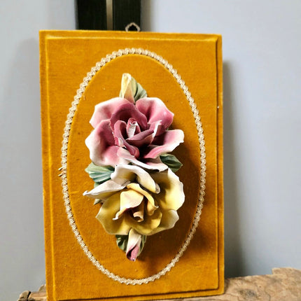 Vintage Italian Capodimonte Porcelain Flower Wall Hanging Plaque on Yellow Velvet - Yatva