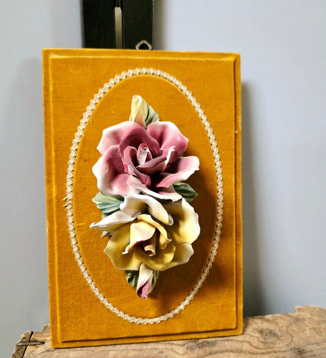 Vintage Italian Capodimonte Porcelain Flower Wall Hanging Plaque on Yellow Velvet - Yatva