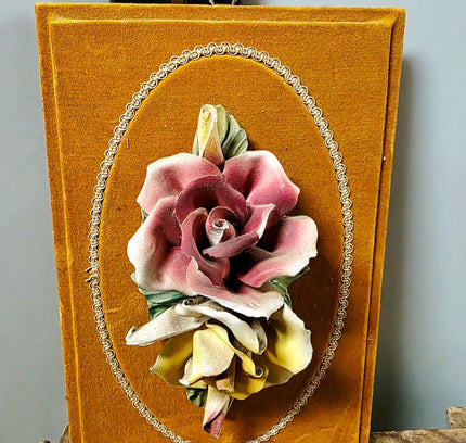 Vintage Italian Capodimonte Porcelain Flower Wall Hanging Plaque on Yellow Velvet - Yatva