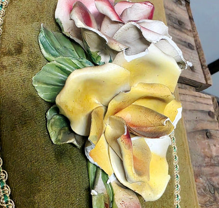 Vintage Italian Capodimonte Porcelain Flower Wall Hanging Plaque on Yellow Velvet - Yatva