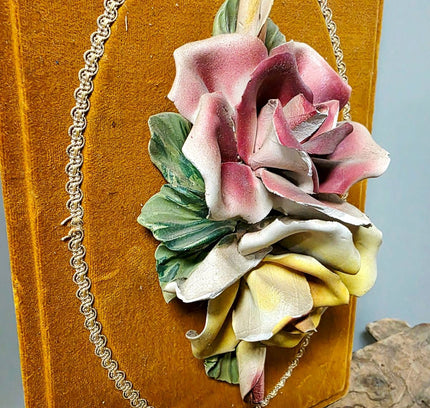 Vintage Italian Capodimonte Porcelain Flower Wall Hanging Plaque on Yellow Velvet - Yatva