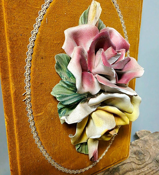 Vintage Italian Capodimonte Porcelain Flower Wall Hanging Plaque on Yellow Velvet - Yatva