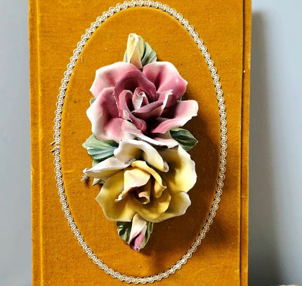 Vintage Italian Capodimonte Porcelain Flower Wall Hanging Plaque on Yellow Velvet - Yatva