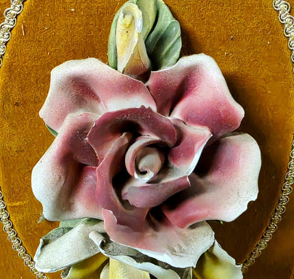 Vintage Italian Capodimonte Porcelain Flower Wall Hanging Plaque on Yellow Velvet - Yatva