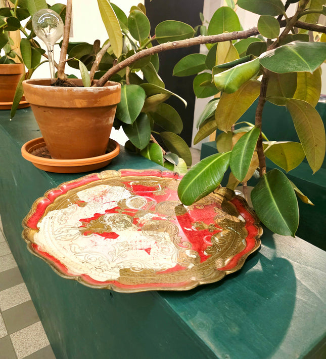 Vintage Italian Florentine Serving Tray - Red & Gold Gilt - Yatva