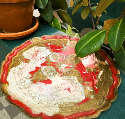 Vintage Italian Florentine Serving Tray - Red & Gold Gilt - Yatva