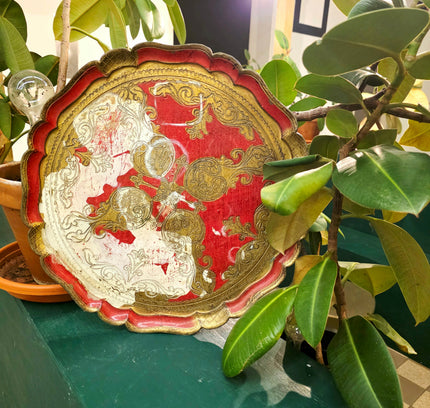 Vintage Italian Florentine Serving Tray - Red & Gold Gilt - Yatva