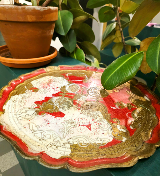 Vintage Italian Florentine Serving Tray - Red & Gold Gilt - Yatva