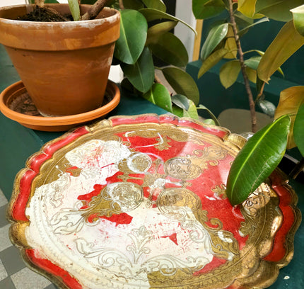 Vintage Italian Florentine Serving Tray - Red & Gold Gilt - Yatva