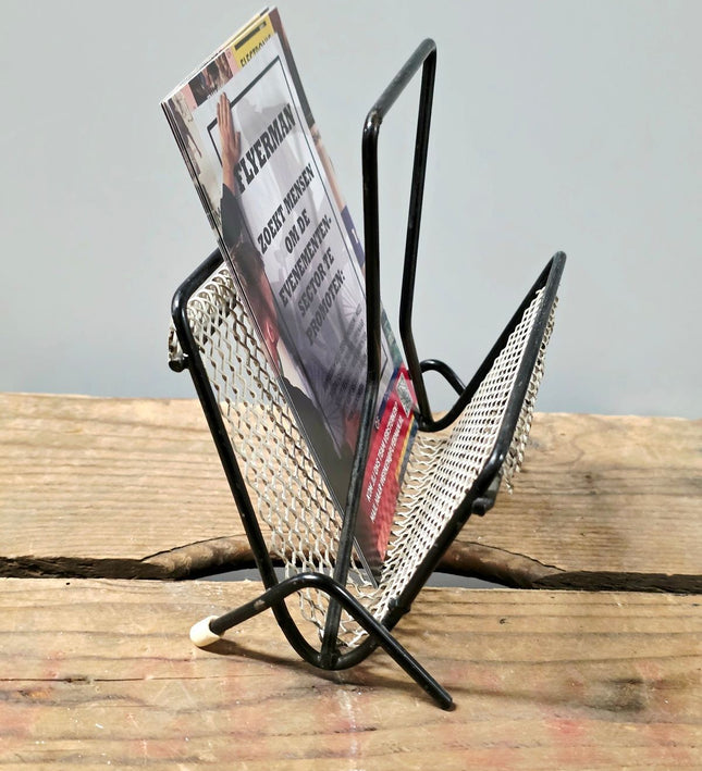 Vintage Mid-Century Black Mesh Wire Magazine Rack & Letter Sorter (1950s) - Yatva