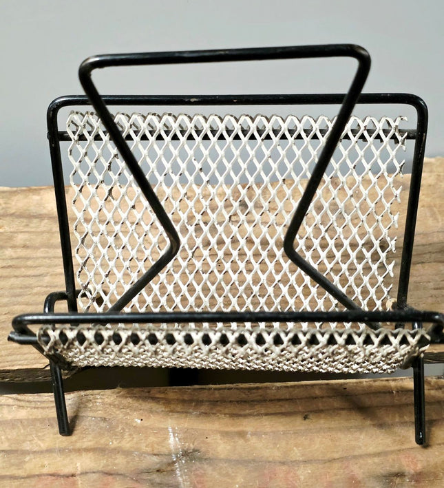 Vintage Mid-Century Black Mesh Wire Magazine Rack & Letter Sorter (1950s) - Yatva