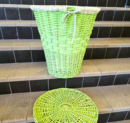 Vintage Mid Century Lime Green Wicker Laundry Hamper Basket Lidded - Yatva