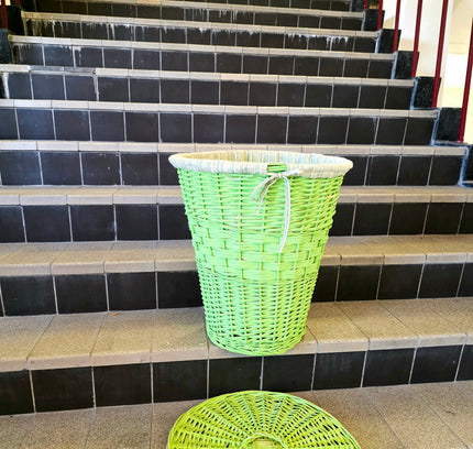 Vintage Mid Century Lime Green Wicker Laundry Hamper Basket Lidded - Yatva