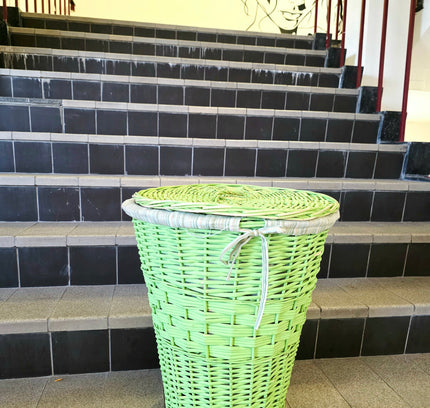 Vintage Mid Century Lime Green Wicker Laundry Hamper Basket Lidded - Yatva