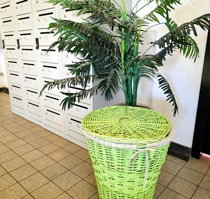 Vintage Mid Century Lime Green Wicker Laundry Hamper Basket Lidded - Yatva
