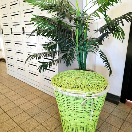 Vintage Mid Century Lime Green Wicker Laundry Hamper Basket Lidded - Yatva