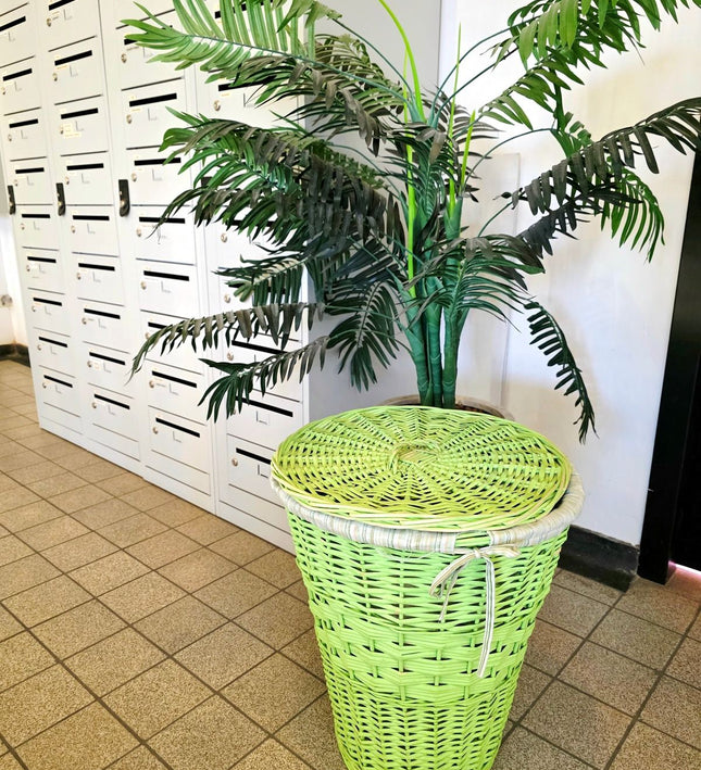 Vintage Mid Century Lime Green Wicker Laundry Hamper Basket Lidded - Yatva