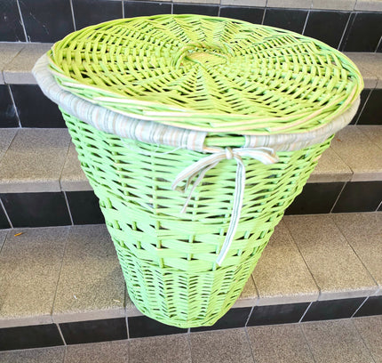 Vintage Mid Century Lime Green Wicker Laundry Hamper Basket Lidded - Yatva