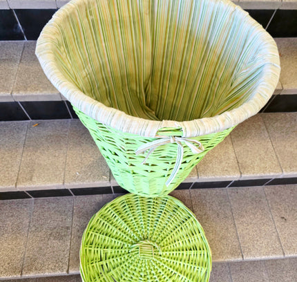Vintage Mid Century Lime Green Wicker Laundry Hamper Basket Lidded - Yatva