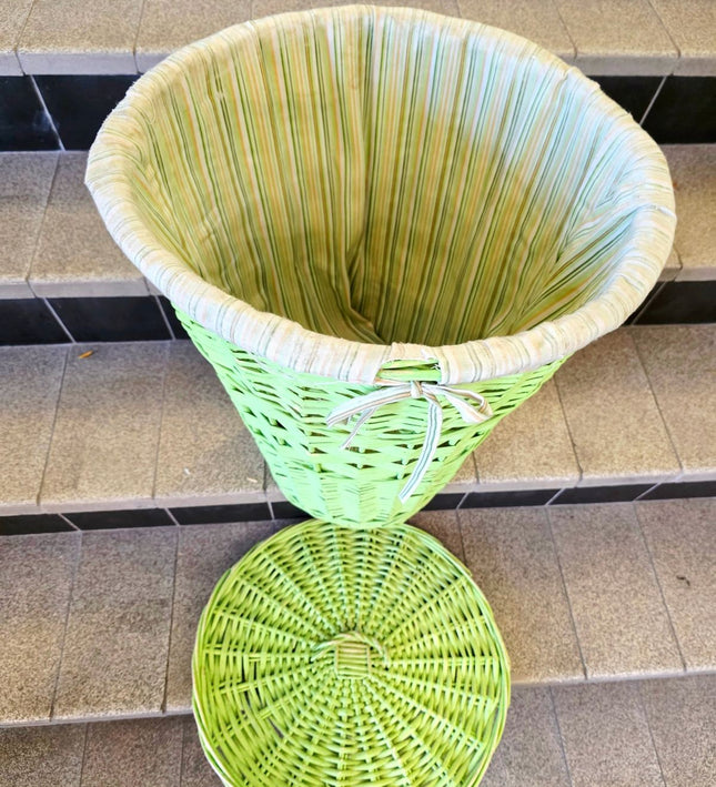Vintage Mid Century Lime Green Wicker Laundry Hamper Basket Lidded - Yatva