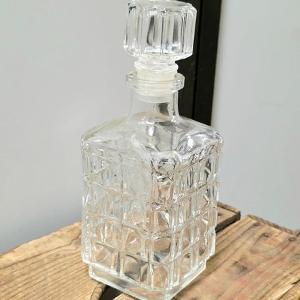 Vintage Mid-Century Modern Pressed Glass Whiskey Decanter – Square Grid Pattern Barware with Stopper - Yatva