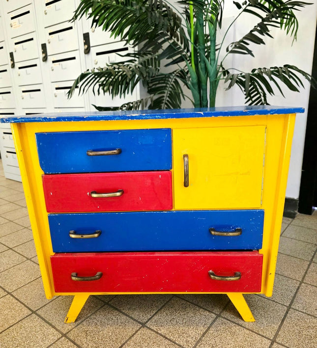 Vintage Mid - Century "Mondrian Style" Multi - Color Children's Commode & Changing Table - Yatva