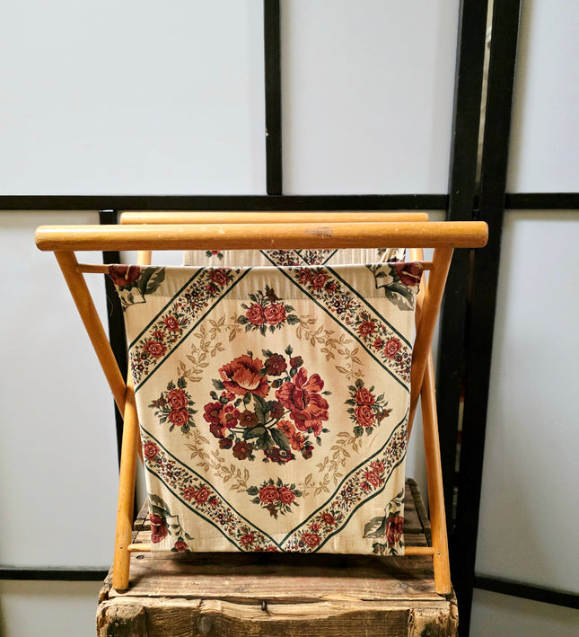 Vintage Mid-Century Wooden Folding Magazine Rack & Tapestry Sewing Caddy - Yatva