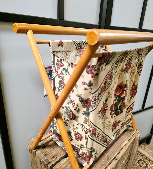 Vintage Mid-Century Wooden Folding Magazine Rack & Tapestry Sewing Caddy - Yatva