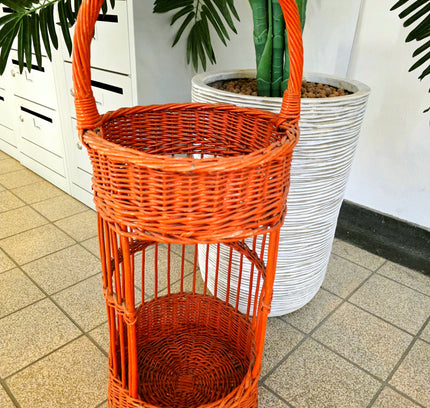 Vintage Orange Rattan Wine Bottle Holder - Retro 1970s Wicker Drink Stand & Tiered Plant Stand - Caddy - Yatva