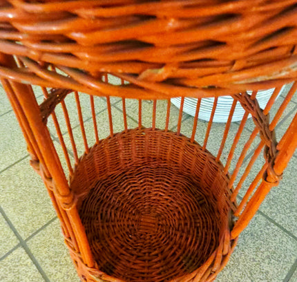 Vintage Orange Rattan Wine Bottle Holder - Retro 1970s Wicker Drink Stand & Tiered Plant Stand - Caddy - Yatva