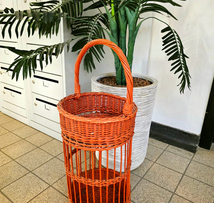 Vintage Orange Rattan Wine Bottle Holder - Retro 1970s Wicker Drink Stand & Tiered Plant Stand - Caddy - Yatva