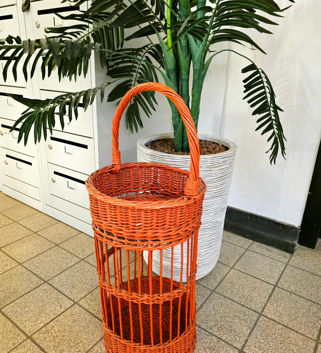 Vintage Orange Rattan Wine Bottle Holder - Retro 1970s Wicker Drink Stand & Tiered Plant Stand - Caddy - Yatva