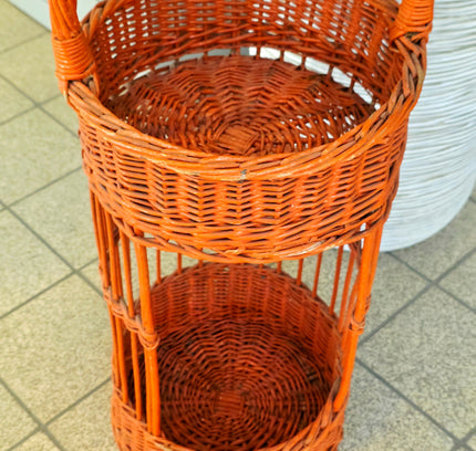 Vintage Orange Rattan Wine Bottle Holder - Retro 1970s Wicker Drink Stand & Tiered Plant Stand - Caddy - Yatva