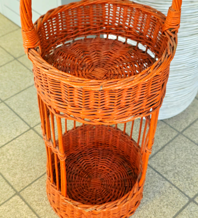 Vintage Orange Rattan Wine Bottle Holder - Retro 1970s Wicker Drink Stand & Tiered Plant Stand - Caddy - Yatva