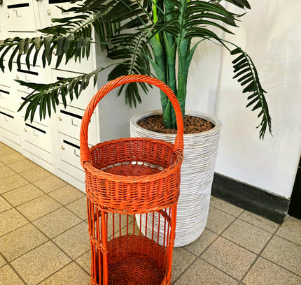 Vintage Orange Rattan Wine Bottle Holder - Retro 1970s Wicker Drink Stand & Tiered Plant Stand - Caddy - Yatva