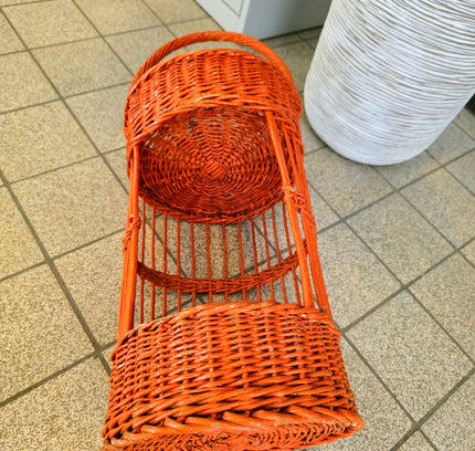 Vintage Orange Rattan Wine Bottle Holder - Retro 1970s Wicker Drink Stand & Tiered Plant Stand - Caddy - Yatva