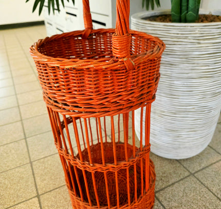 Vintage Orange Rattan Wine Bottle Holder - Retro 1970s Wicker Drink Stand & Tiered Plant Stand - Caddy - Yatva