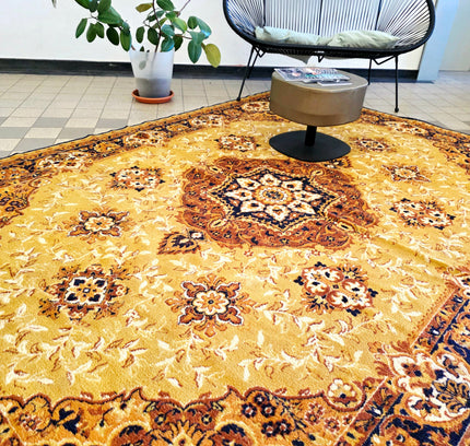 Vintage Oriental Medallion Area Rug - Mustard Gold & Navy Blue (202 x 280 cm) - Yatva